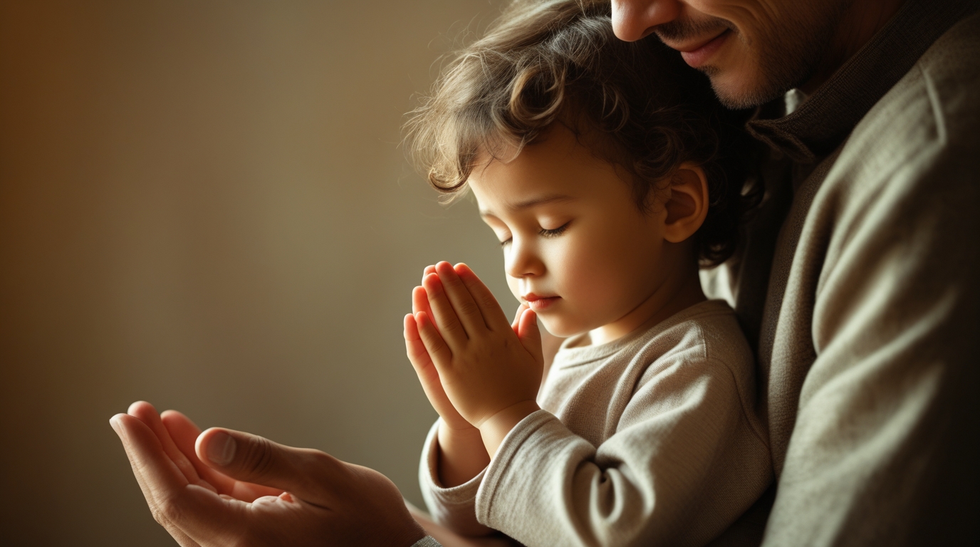 A toddler with their eyes closed and hands clasped, sitting on their parent's lap, as the parent gently guides them in prayer.